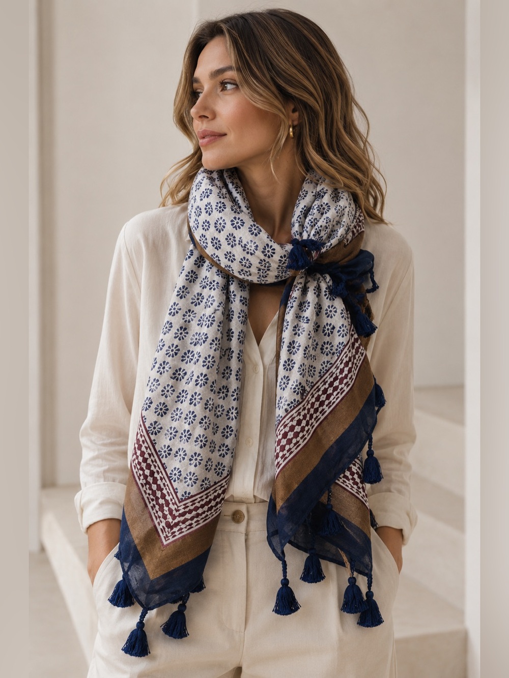 Massimo Dutti Blue, White & Brown Patterned Scarf